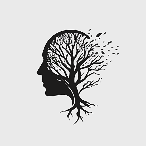 Modern, Minimalist iconic logo of head with tree sprouting out of the brain, black vector, on white background