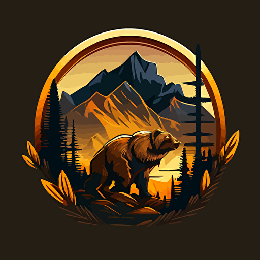 A_coin_emblem_logo_for_a_angry_bear in an action pose:: mountains in the background, code style, color, vector