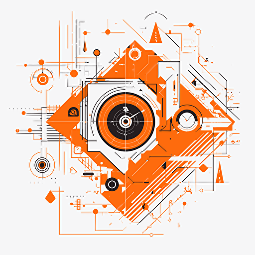 2D vector Time in minimalism geometry cyberpunk style. Colors: orange & white background