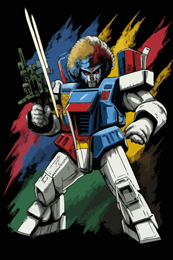 Bob Ross as a Gundam with a giant paint brush shooting paint, vector art