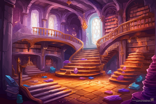 Large underground fantasy library by Paul Gustaf Dore. Bookshelves, piles of books, scrolls, golden & white decor, marble floor, purple and gold carpets, purple glowing braziers, mystical, biblical copperplate art, retro 90s box art, vector style, inking, 1700th century copperplate art, pixel art, high detail, less warm colors