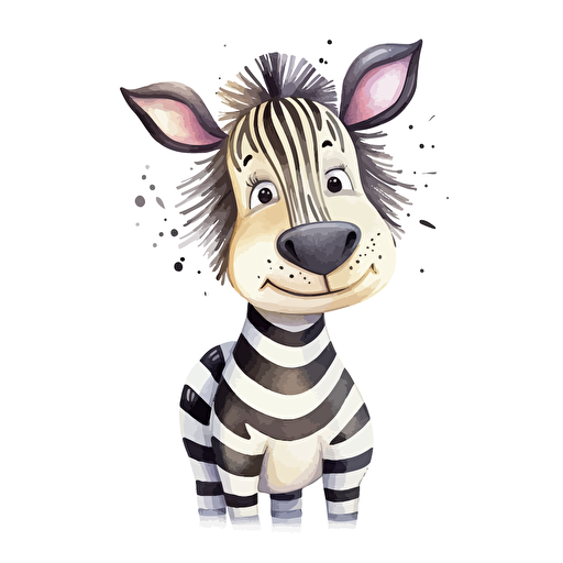 cute zebra, detailed, cartoon style, 2d watercolor clipart vector, creative and imaginative, hd, white background