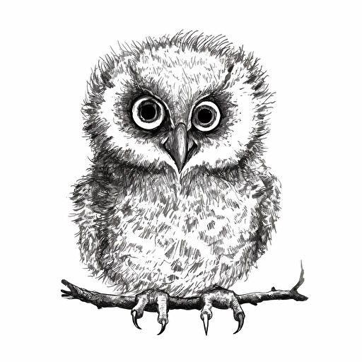 baby owl drawn from a single pen stroek, black on white background, simple, vector