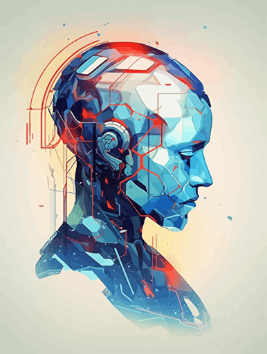 robotic android with human brain, crisp coloring, vector logo, minimalist, pixelated, polygonal