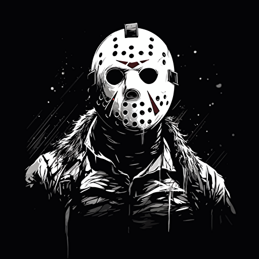 32 bit jason from Friday the 13th part 2, white on black background, no shading, 2D, vector
