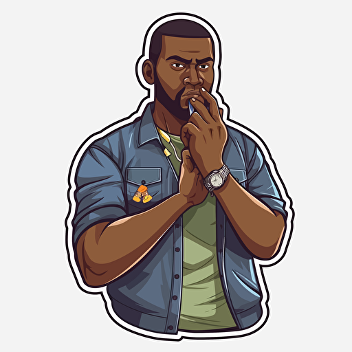 Stickers, vector art, gta 5 style, a black guy with a joint in mouth, holds his hand to his mouth as if whispering, full-length