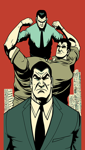 a rooftop, two mafia gangster holding a man headfirst over the edge og the bulding, yakuza, manga comic style, simple vector illustration, flat design,