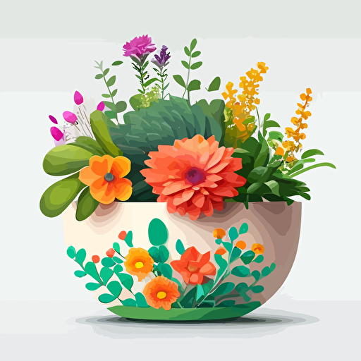 create a simple minimalistic vector style green planter full of amazingly colorful flowers vector style on white background