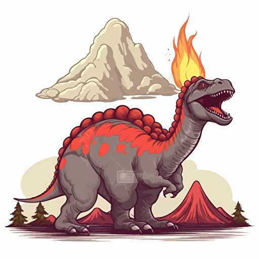 ferocious dinosaur near volcano, detailed, cartoon style, 2d clipart vector, creative and imaginative, hd, white background