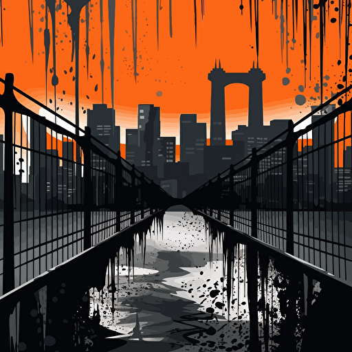 a vector image of a bridge, a prison and a city, black and orange and dark gray, graffiti style