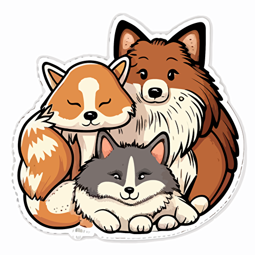 kawaii, four animals, white mancoon and brown calico and wolf dog and Rough Collie snuggled together, sticker, vector, white background, contour, cartoon style