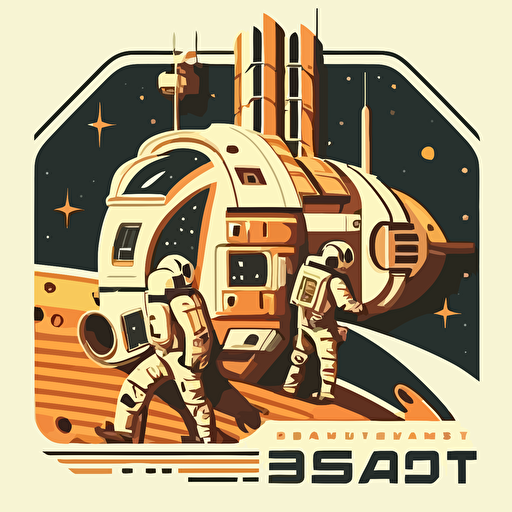 vector illustration of astronauts building a space station in space, logo, retro colors.