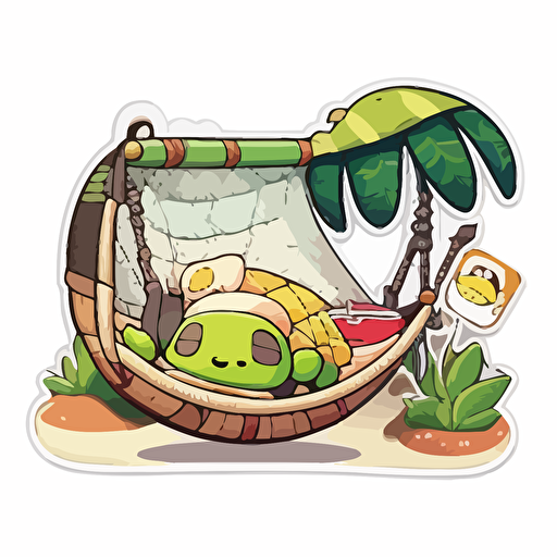 animal crossing style turtle in hammock, vector, sticker, white background