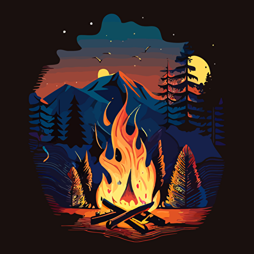a vector image, camp fire, mountains, evening, smoking going up into the air