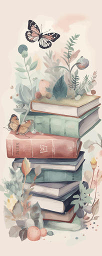 watercolor vector art, pastel colors, abstract, pretty books, butterflies, flowers, plants,