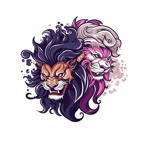 a boho logo of a Chinese dragon next to a traditional lion dancer head, lunar new year imagery, white, black, and purple, white background, vector, 2d