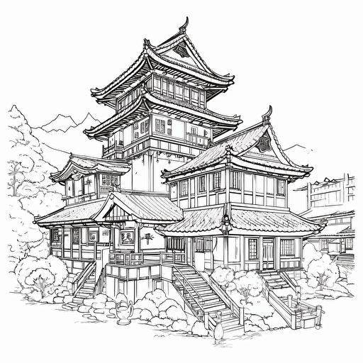 DND Fantasy. Japanese Style City. Wooden Architecture. No Shadow. Cartoon. Coloring page. Vector. Simple.