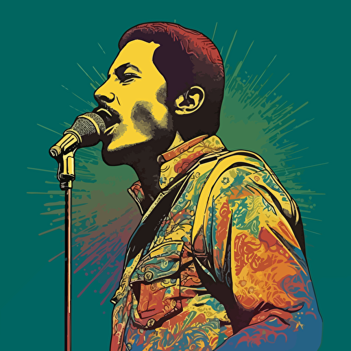 vector design of freddy mercury singing into microphone, intricate, colourful