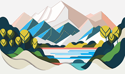 mountain and river in a landscape with empty white center, geometric, flat, vectors, minimalistic, 4 colors, white background