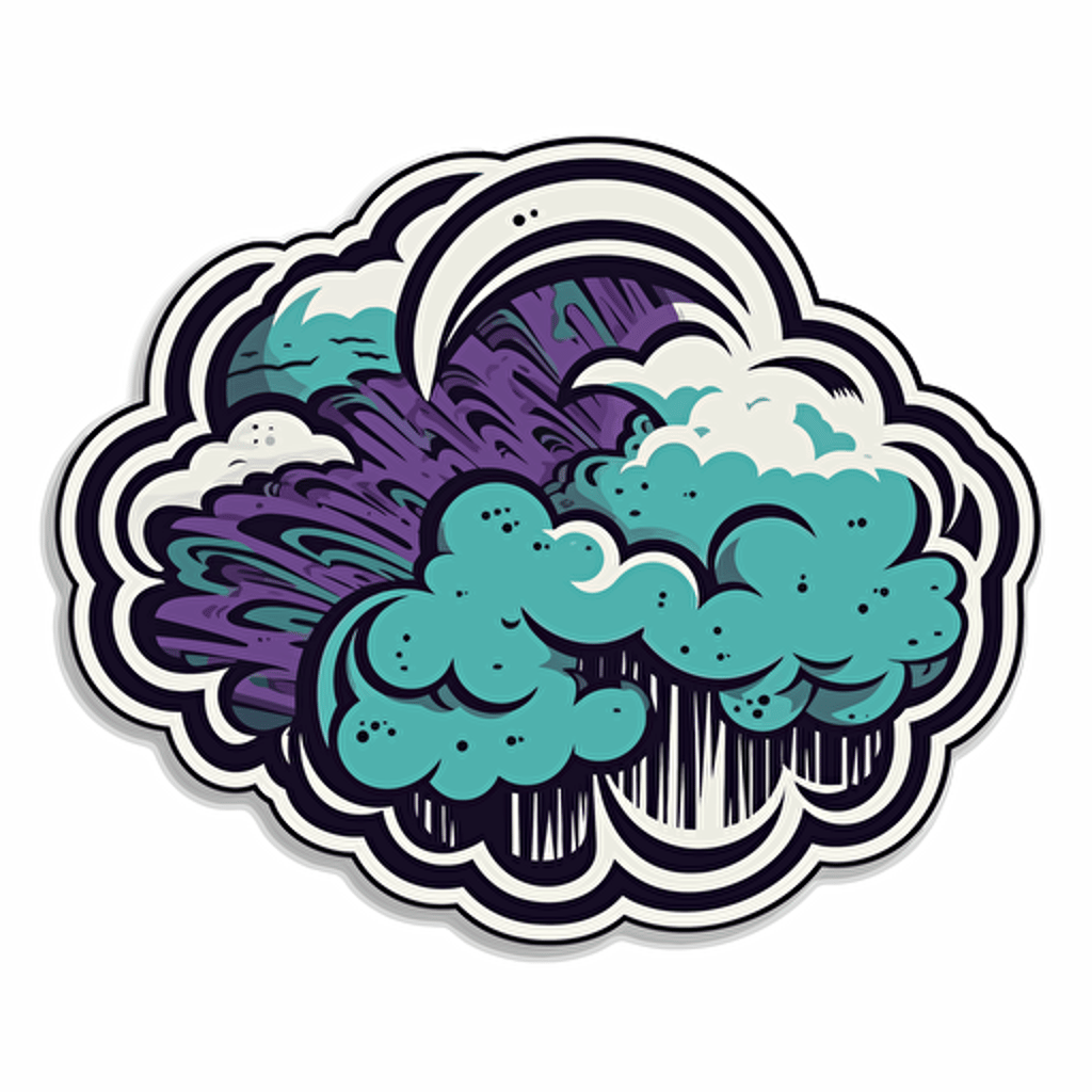 Sticker of an isolated comic thought cloud, vector, in the style of Shepard Fairey, color purple teal black white, no shadow, white background