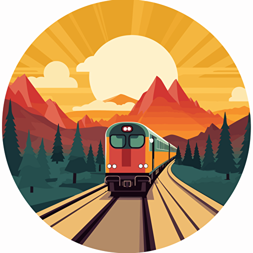 simple vector art of train passing by, trees, sun and mountains behind the train, railroad