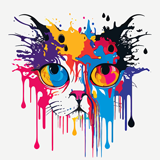 crazy cat in a splash of color, colorful eye, vector art, #e16347 complementary color scheme, popart style, dripping colors, clean white background