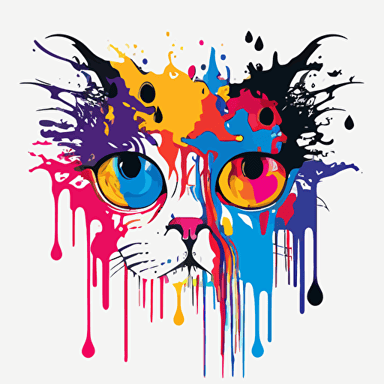 crazy cat in a splash of color, colorful eye, vector art, #e16347 complementary color scheme, popart style, dripping colors, clean white background