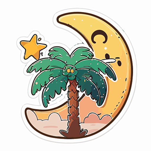 sticker, Happy Colorful palmetto tree underneath a cresent moon, kawaii, contour, vector, white background