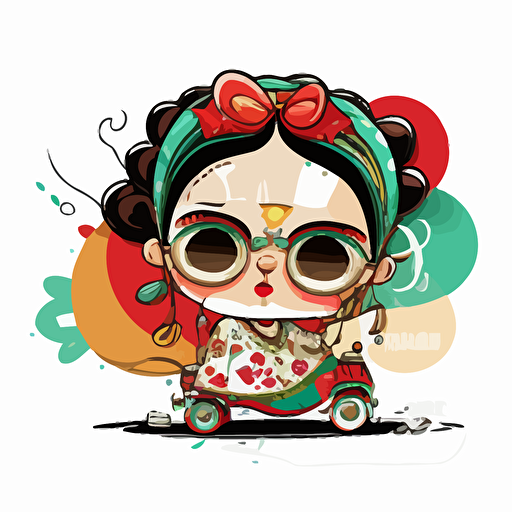 a very cute baby frida Khalo wearing very big sunglasses dressed up with Folkloric Mexican clothing , as a cartoon type, as a vector, white background, bright graffiti colors