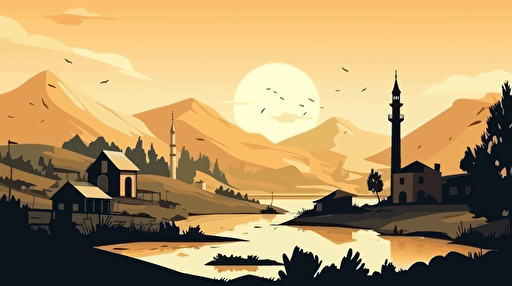 beautiful anatolian landscape with modern mosque and cottages, minimal vector design