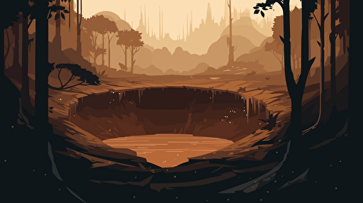 impact crater on a foreign jungle planet in the middle of a forest, slightly dark, mysterious, flat vector illustration