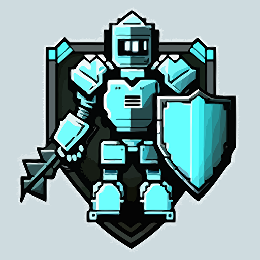 a logo showing a 16-bit pixel robot shield in light blue with a black outline as a vector