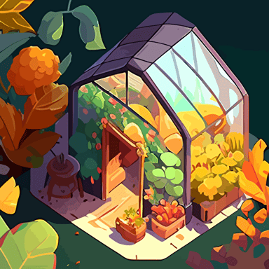 a greenhouse in a vegetable garden, in the style of a top-down view videogame, 2D, vector art, procreate, quirky visual storytelling, still life, fun, cozy, bloomcore, vibrant colors, cute