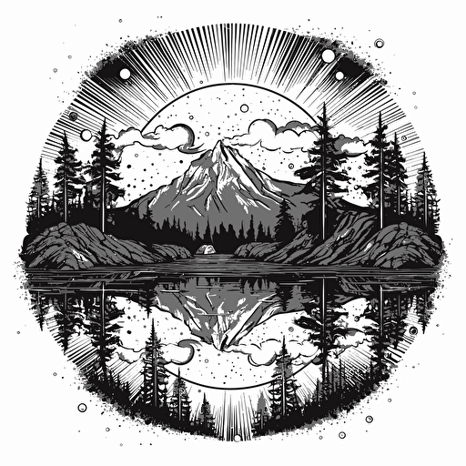 black and white vector illustration of trees and mountain with a monn background refraction