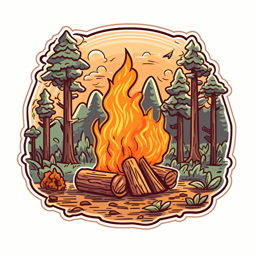 campfire, Sticker, Blissful, Earthy, Folk Art, Contour, Vector, White Background, Detailed