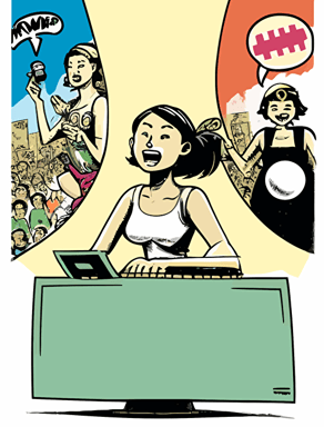 Japanese comic book style, an Asian young climate activist, a Asian feminist, a female human rights activist, and a female worker imagine a "hammer" and a "keyboard," together on a big stage, and their imagined hammer and keyboard shapes float in a single bubble, Non-letter illustration. white background, vector, illust