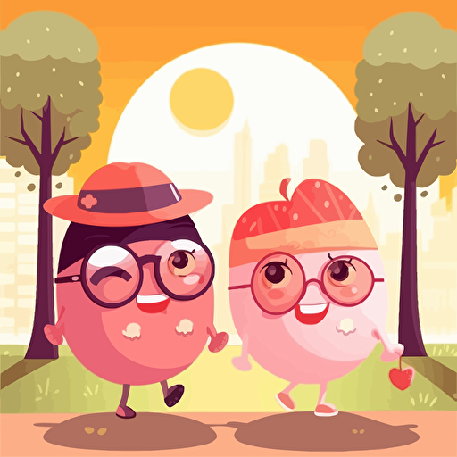 sticker design, super cute pixar couple walking in a park in the extreme heat, vector