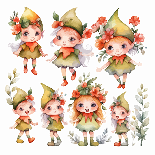 cute elves, flowers, detailed, cartoon style, 2d watercolor clipart vector, creative and imaginative, hd, white background