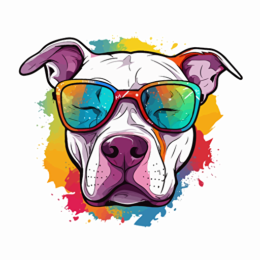 a white pit bull dog wearing sunglasses, as a cartoon type, as a vector, white background, bright graffiti colors