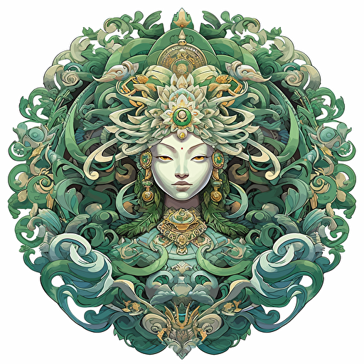 round up design with digital illustration of green tara, magic world inspired by Studio Ghibli, vector illustration, intricate details, unreal engine, extremely high detailing, sharp, white background