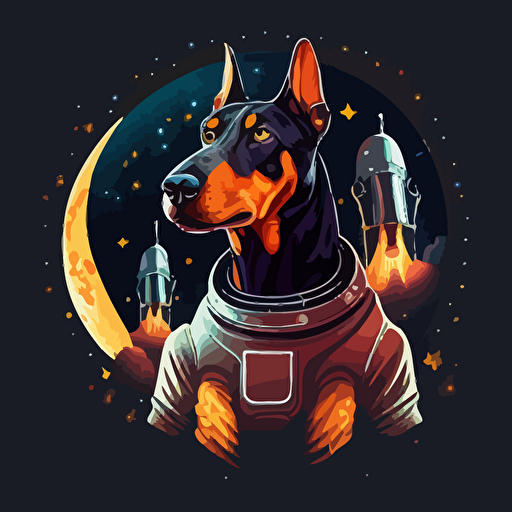 Vector illustration of doberman in spacesuits,the dog in a spacesuit is also floating near spaceship , The background includes stars and spacecraft in space,This design conveys the mysterious and fascinating world of outer space while also incorporating the cuteness of a dog, resulting in a unique and captivating design, no flame,