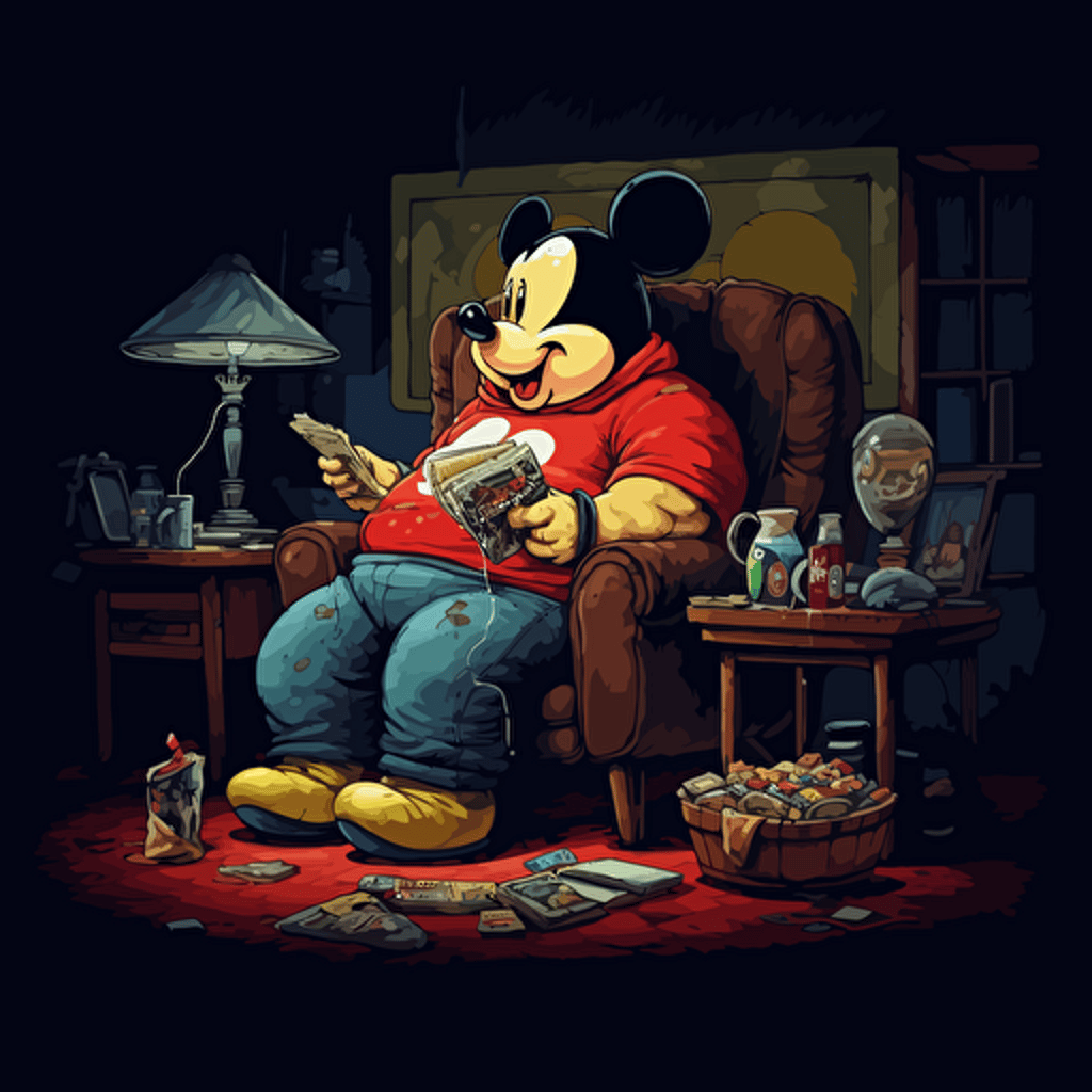 obese Mickey mouse sitting on couch watching TV in his boxers. Giant burger on the table. Trashy apartment. High detail. 16k. Vector image. Black background. Five o clock shadow.