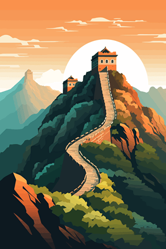 great wall of china, illustration, painting, bright lighting, sun in sky, flat,vector