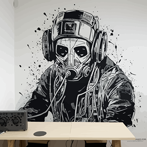 scratch dj with neon mask technics 1210 turntables and mixer, frank miller stencil, design, 2d, vector, white wall