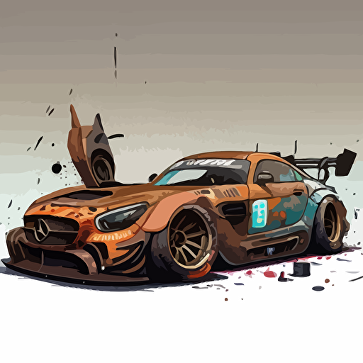 2016 Mercedes-AMG GT3, rebuilt with junk yard parts, mismatched body panels, a little rusty, celshading, Borderlands style, comic book style, vector image