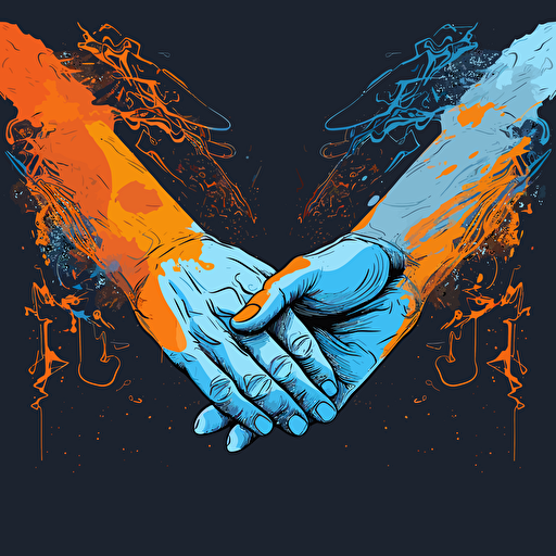 a vector image of two hands shaking, blue and orange and dark gray, graffiti style