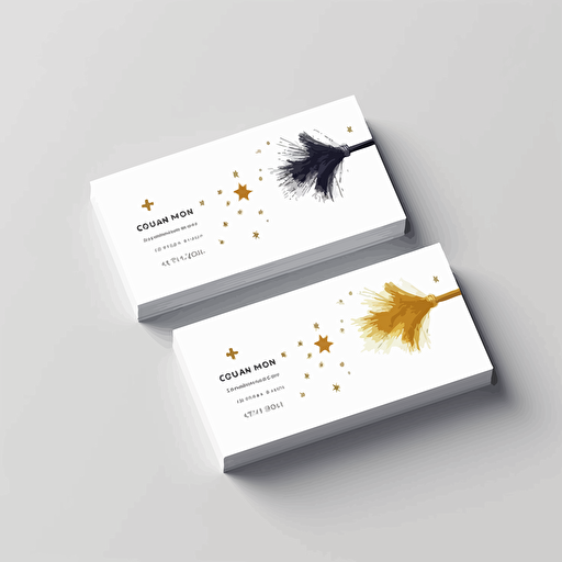 businesscard, cleaning company, vector, simple, minimalist, modern, white background, broom, stars, random text