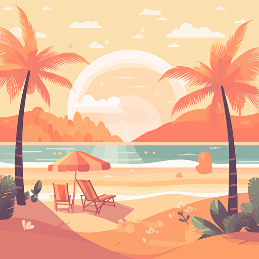 Background image, summer beach, beach takes up most of the bottom of the scene, pastel colour illustration, flat vector, sunbed, palm trees, bright, bbq 2:3