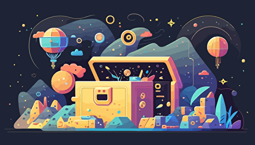 "Amid the lively atmosphere of a digital exchange, a distinctive digital treasure chest stands unwavering, decorated with rich patterns and colors, tightly enveloped by an aura of ownership and security, with digits and symbols intertwining into a sparkling starry sky, highlighting the unique position of NFTs in the blockchain trading ecosystem. Flat illustration, UI illustration, GUI, Minimalism, dark background, vector, trending on Dribbble, Pinterest