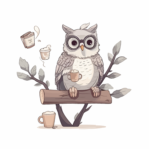 Barista style, a happy Owl reading a book, gray color and cream color owl, sitting on a branch, white background, vector illustration, illustration